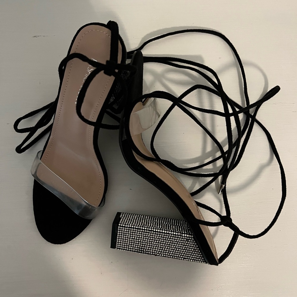 Fashion Nova Black and Silver Strappy Heels